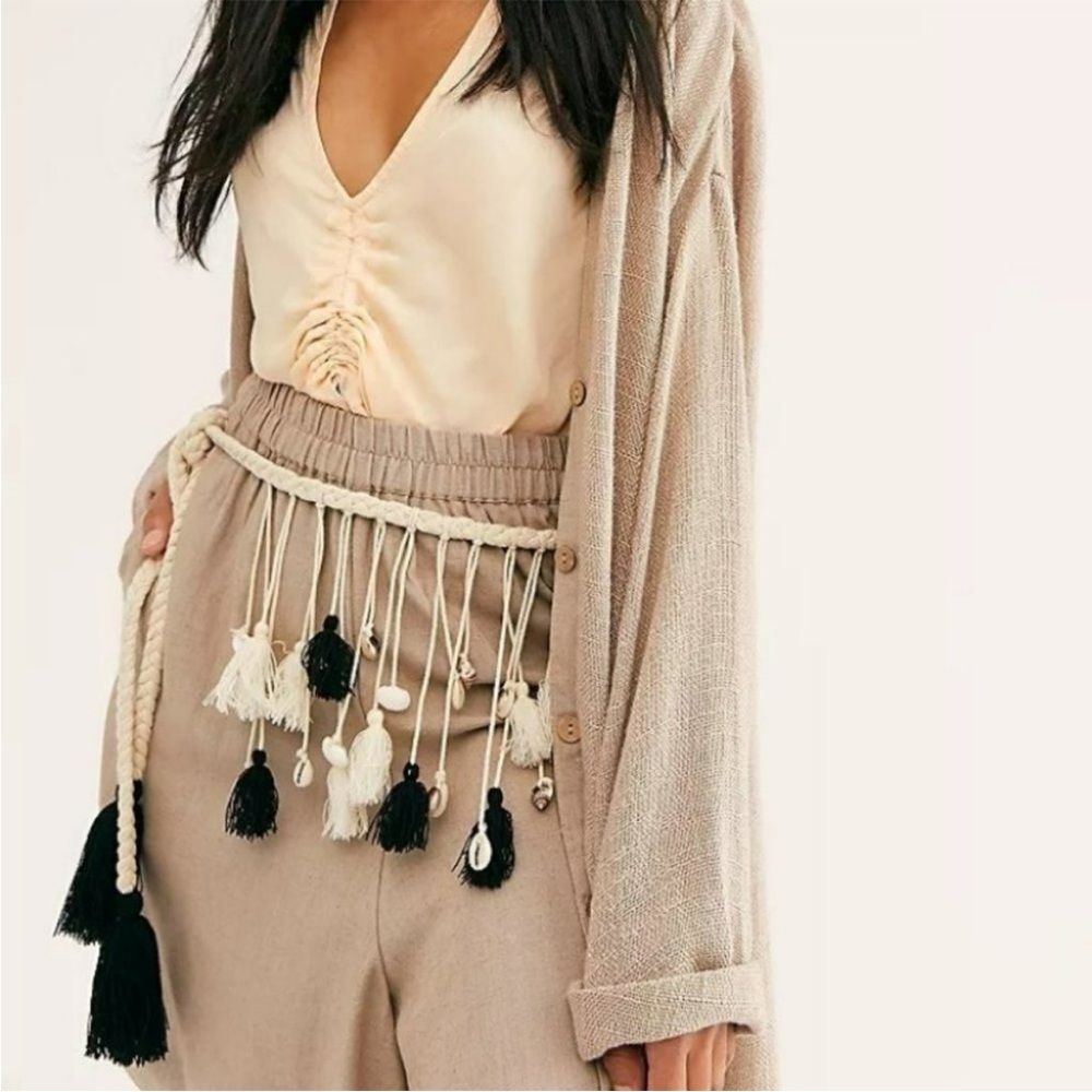 Free People Santorini Shell Tassel Rope Belt Cream Natural One Size